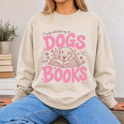 Easily Distracted By Dog And Books Crewneck Sweatshirt | Dog Lover & Reader Gift Sand