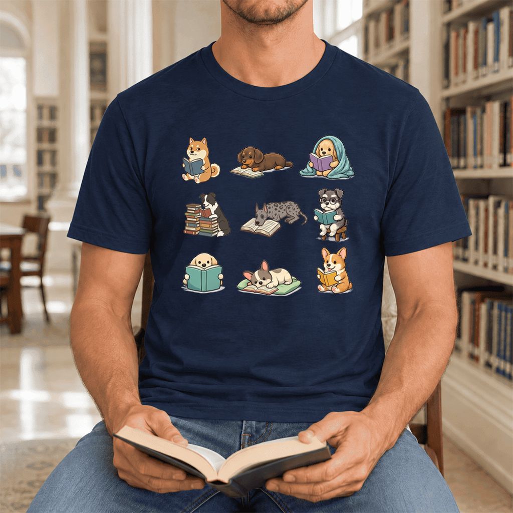 Funny Reading Dogs Ultra-Soft Cotton T-Shirt | Dog Mom Reader Gift Navy