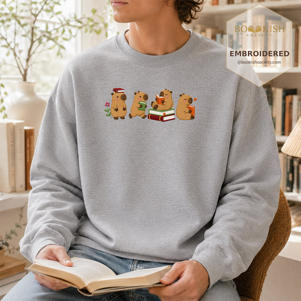 Reading Capybaras Embroidered Sweatshirt | Reader Gift Sport Grey