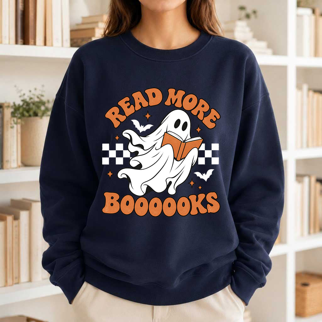 Read More Books Ghost Printed Sweatshirt | Halloween Book Lover Gift Navy
