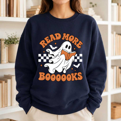 Read More Books Ghost Printed Sweatshirt | Halloween Book Lover Gift Navy