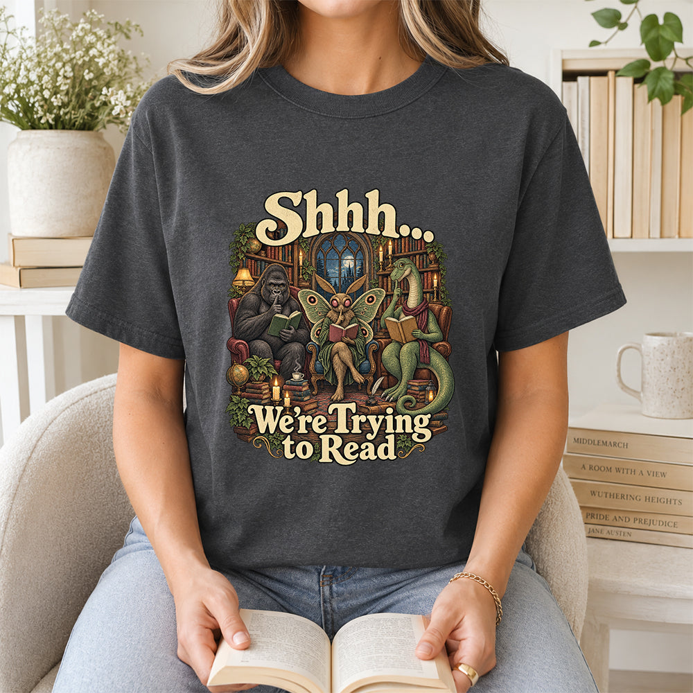 Shh... We Trying To Read Cotton T-Shirt | Midnight Reader Gift Dark Heather