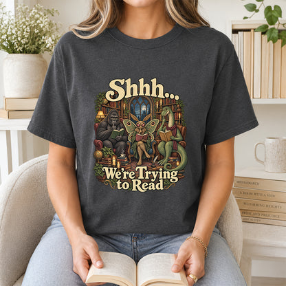Shh... We Trying To Read Cotton T-Shirt | Midnight Reader Gift Dark Heather