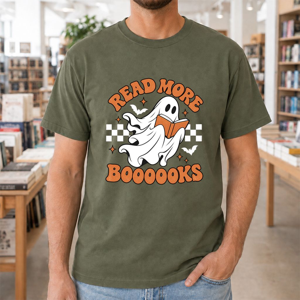 Read More Books Flying Ghost Printed T-Shirt | Halloween Book Lover Gift Military Green