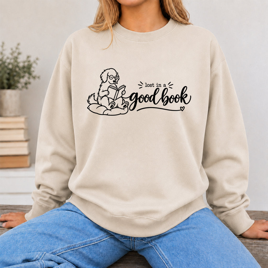 Lost In A Good Book Crewneck Sweatshirt | Dog Lover & Reader Gift Sand