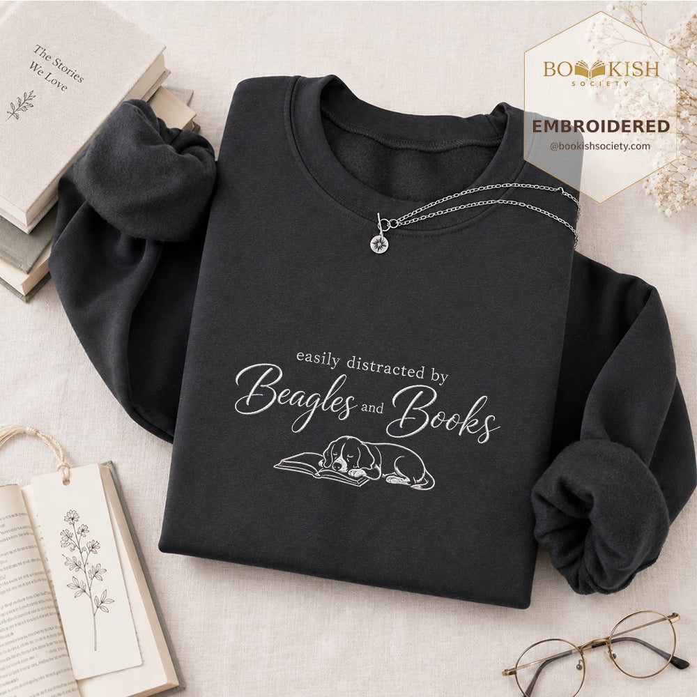 Easily Distracted By Beagles And Books Embroidered Sweatshirt | Dog Lover & Reader Gift Dark Heather
