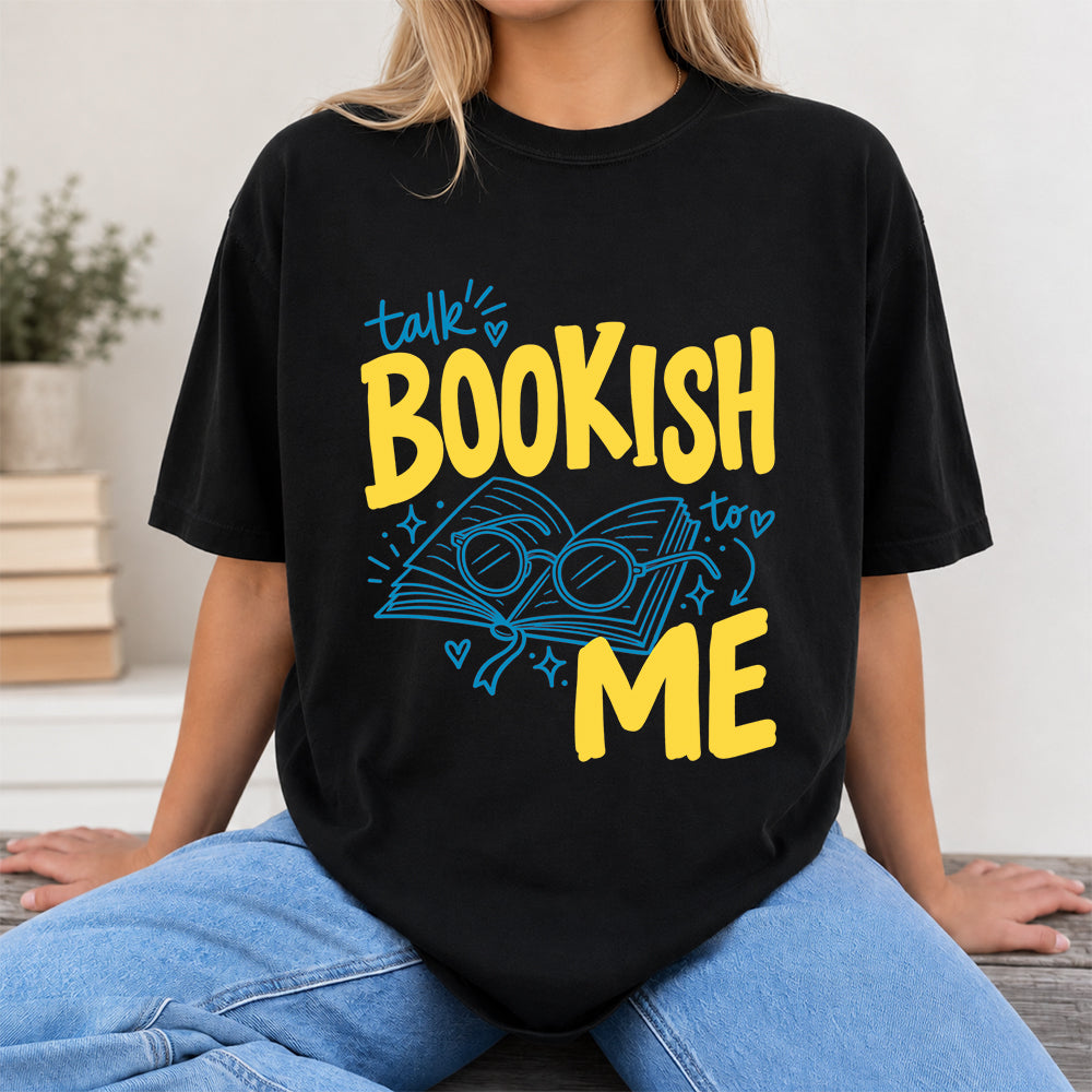 Talk Bookish To Me Cotton T-Shirt | Book Lover Gift Black