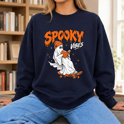 Spooky Vibes Printed Sweatshirt | Halloween Reader Gift Navy