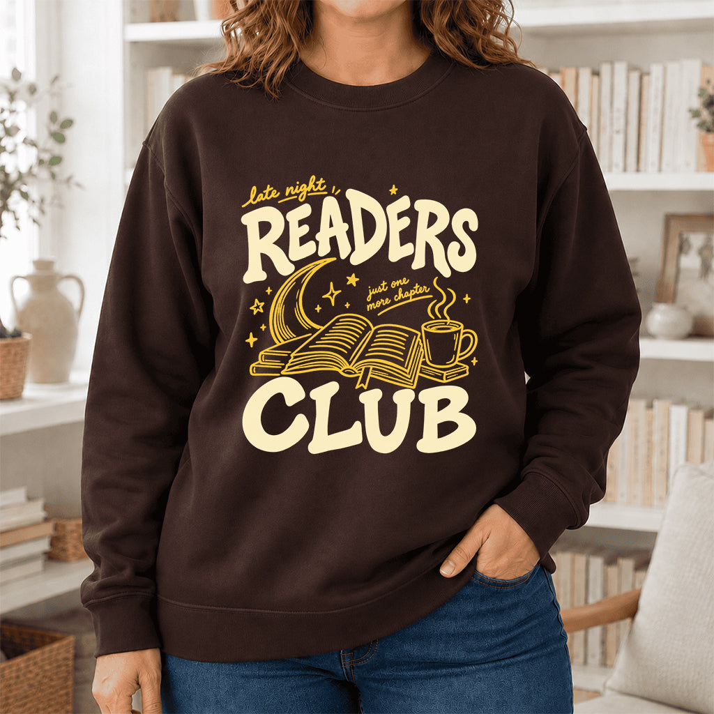 Late Night Readers Club Crewneck Sweatshirt | Reader Gift Dark Chocolate