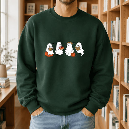 Halloween Ghosts Reading Printed Sweatshirt | Spooky Book Lover Gift Forest Green