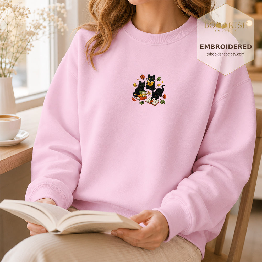 Cat Catching Leaves Embroidered Sweatshirt | Reader Gift Light Pink