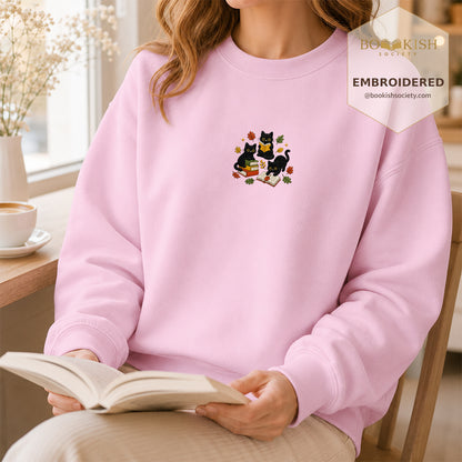 Cat Catching Leaves Embroidered Sweatshirt | Reader Gift Light Pink