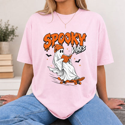 Spooky Vibes Printed T-Shirt | Halloween Book Lover Gift Light Pink