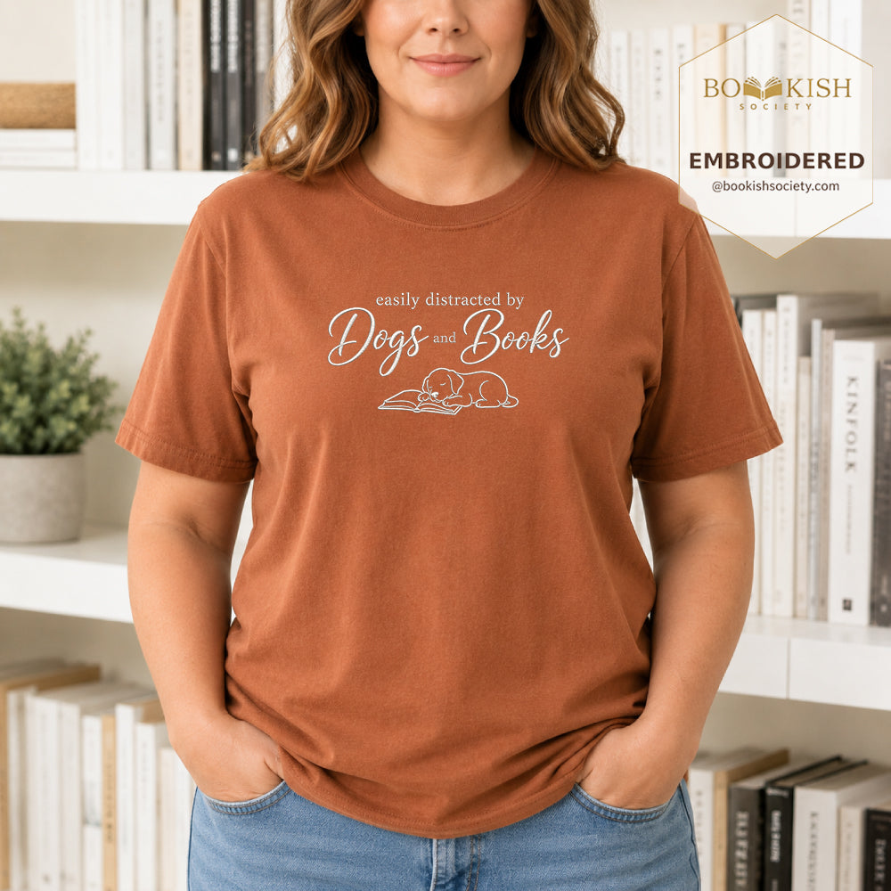 Easily Distracted By Dogs And Books Embroidered Comfort Color® T-shirt | Book Lover Gift Yam