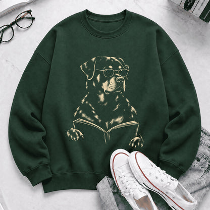 Rottweiler Reading Book Crewneck Sweatshirt | Reader Gift Forest Green