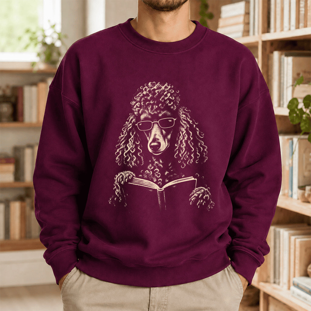 Poodle Reading Book Crewneck Sweatshirt | Reader Gift Maroon