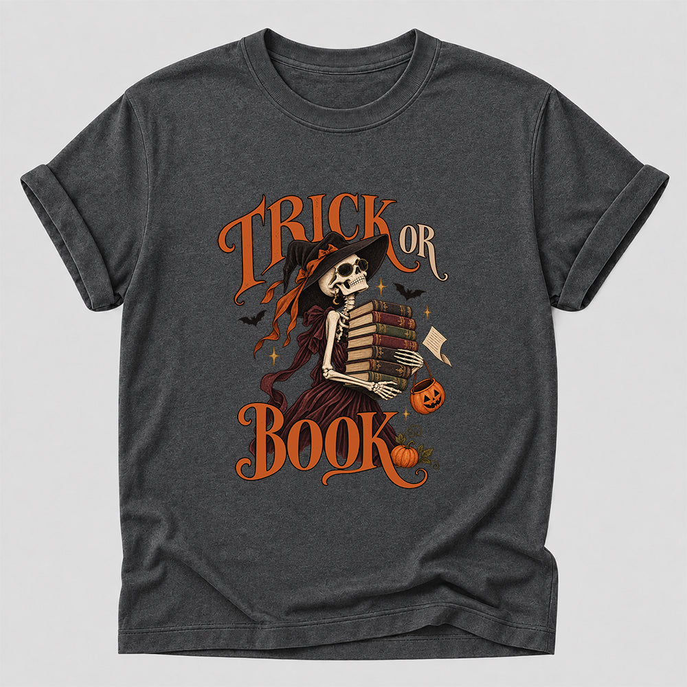 Trick Or Book Lady Printed T-Shirt | Halloween Book Lover Gift Dark Heather