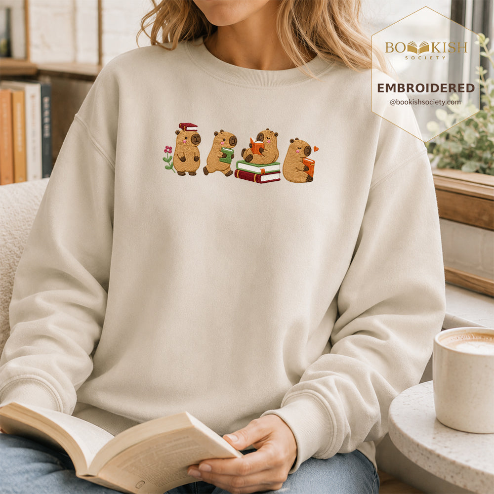 Reading Capybaras Embroidered Sweatshirt | Reader Gift Sand