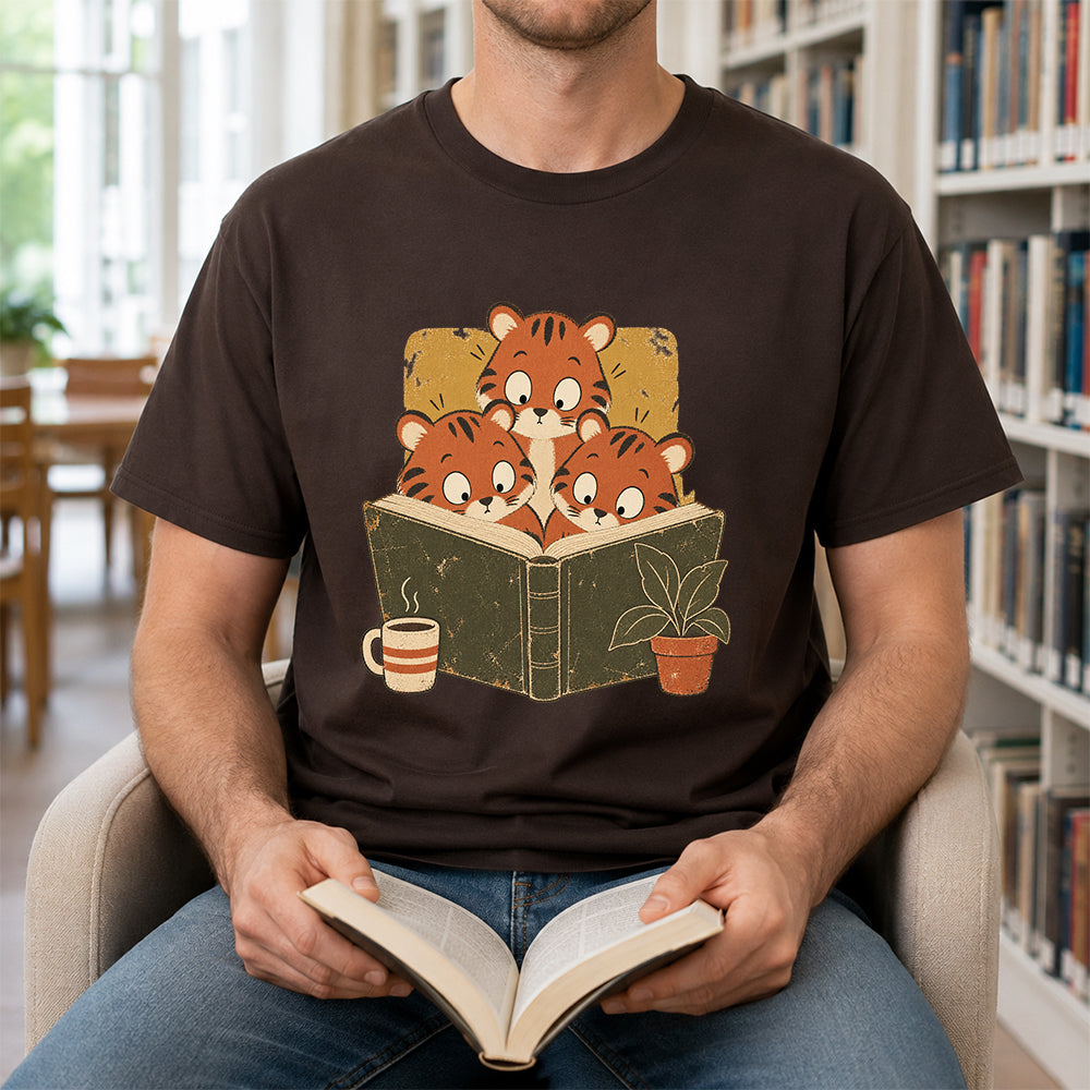 Minimal Japanese Tigers Reading Softstyle T-Shirt | Book Lover Gift Dark Chocolate