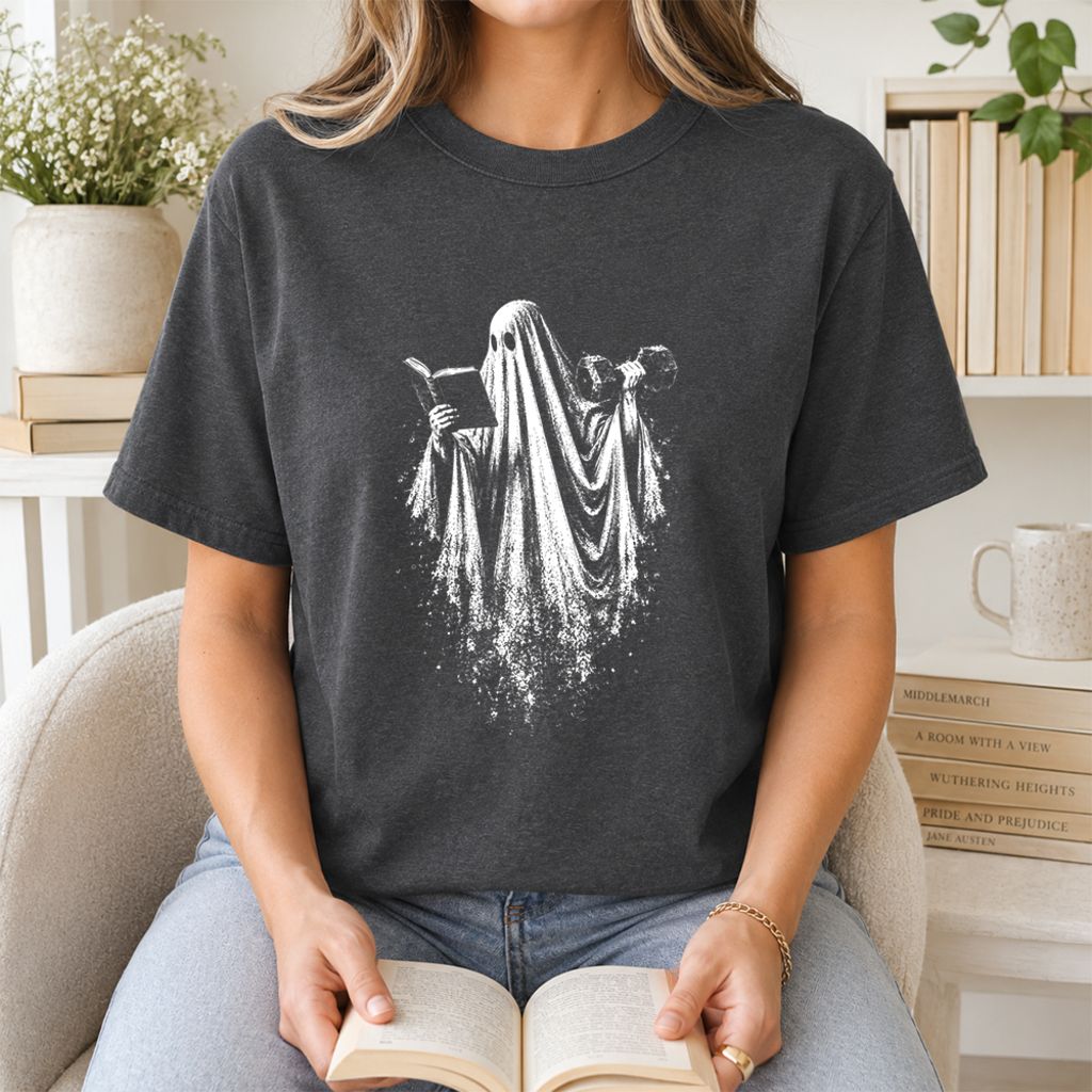 Reading Gym Ghost Printed T-Shirt | Halloween Book Lover Gift Dark Heather