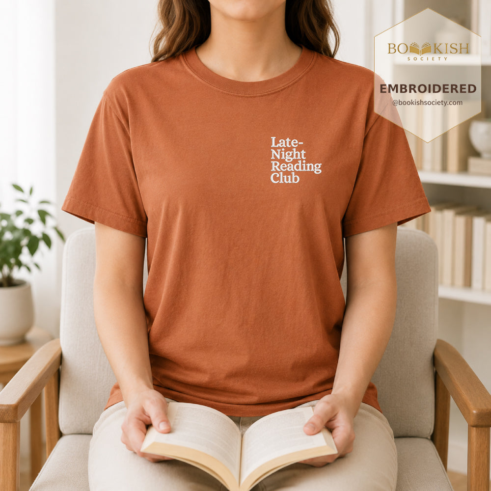 Late Night Reading Club Embroidered Comfort Color® T-shirt | Book Lover Gift Yam