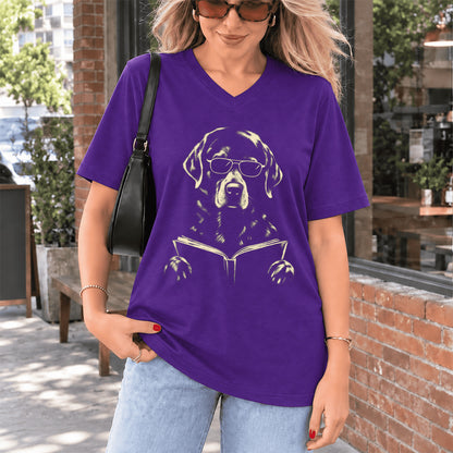 Labrador Retriever Reading Book Ultra-Soft V-Neck | Dog Mom Reader Gift Team Purple