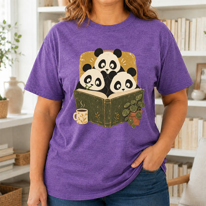 Minimal Japanese Pandas Reading Softstyle T-Shirt | Book Lover Gift Heather Purple