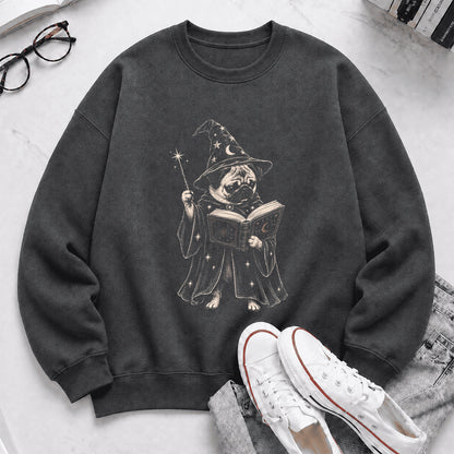 Cute Pug Witch Reading Book Printed Sweatshirt | Halloween Book Lover Gift Dark Heather