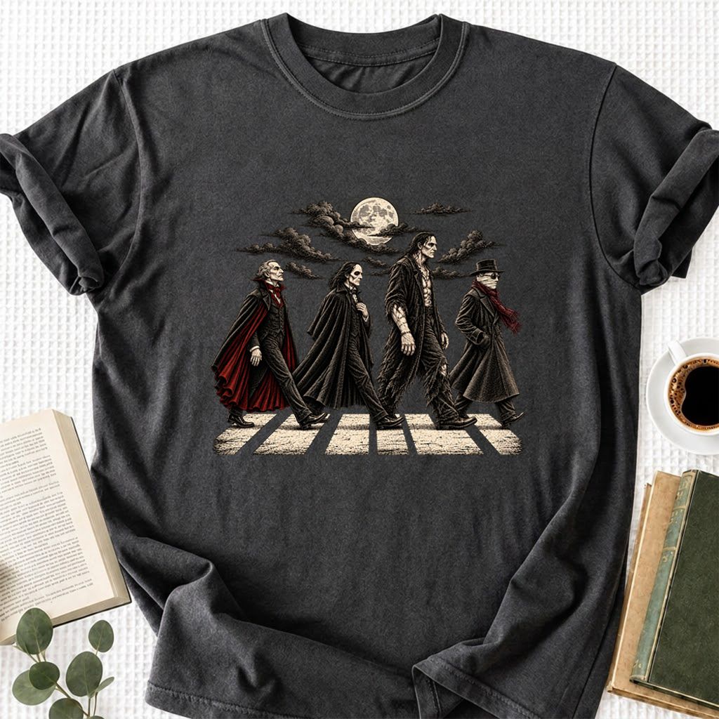 Monsters Road Printed T-Shirt | Halloween Book Lover Gift Dark Heather