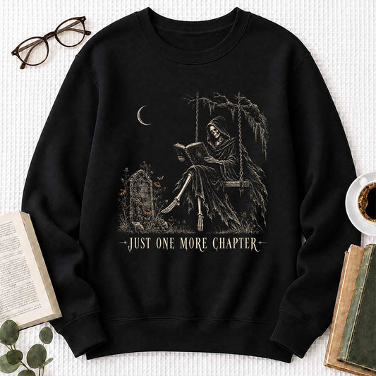 Just One More Chapter Grim Reaper Crewneck Sweatshirt | Halloween Book Lover Gift Black
