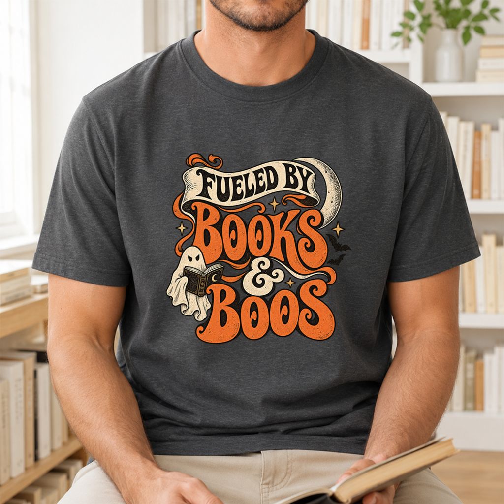 Fueled By Books & Boos Printed T-Shirt | Halloween Book Lover Gift Dark Heather