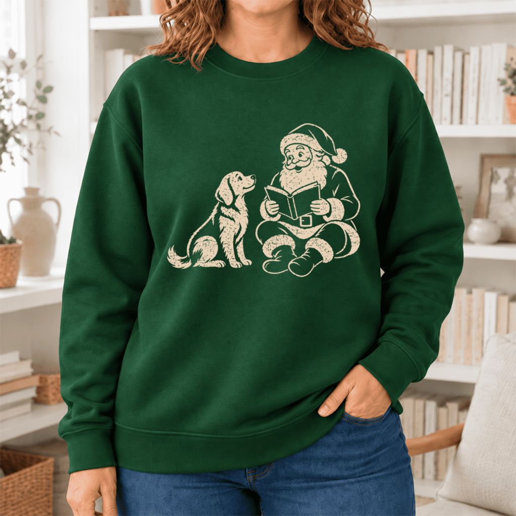 Funny Dog With Reading Santa Softstyle Sweatshirt | Christmas Book Lover Gift Forest Green