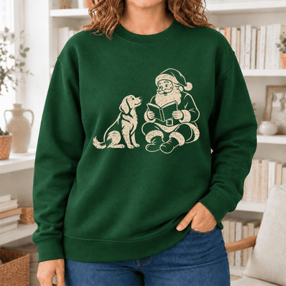 Funny Dog With Reading Santa Softstyle Sweatshirt | Christmas Book Lover Gift Forest Green