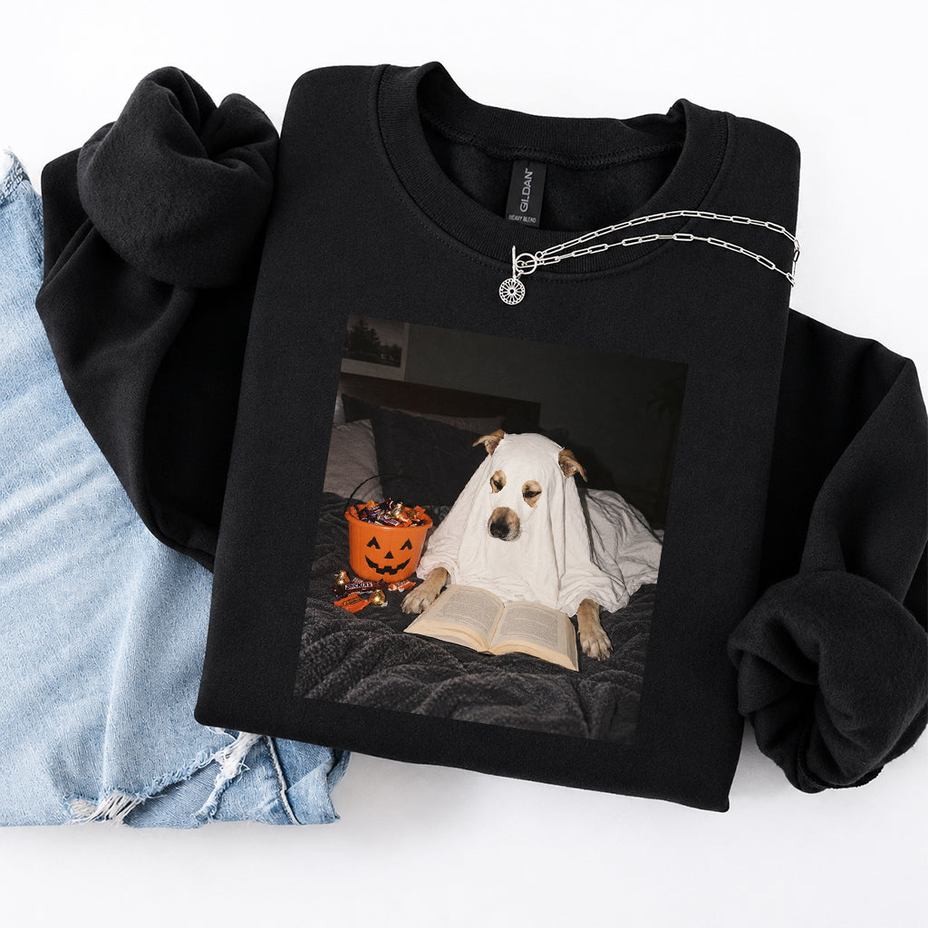 Cute Reading Ghost Dog Printed Sweatshirt | Halloween Book Lover Gift Black