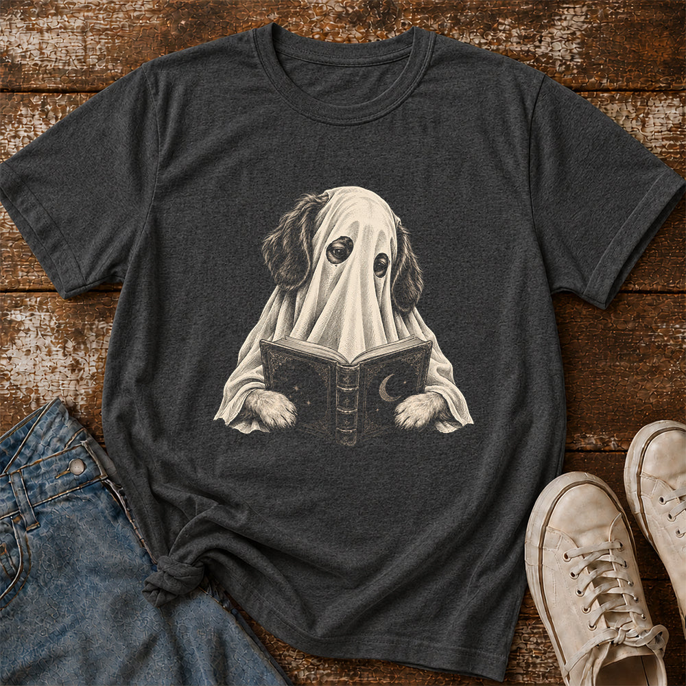 Reading Ghost Dog Printed T-Shirt | Halloween Dog Lover Gift Dark Heather