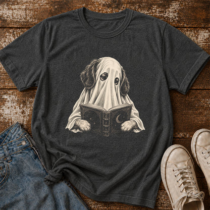 Reading Ghost Dog Printed T-Shirt | Halloween Dog Lover Gift Dark Heather