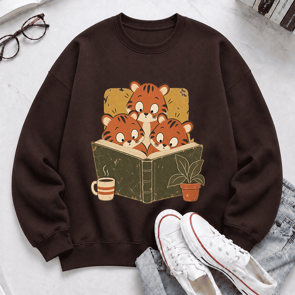 Minimal Japanese Tigers Reading Crewneck Sweatshirt | Reader Gift Dark Chocolate