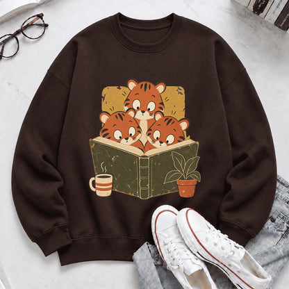 Minimal Japanese Tigers Reading Crewneck Sweatshirt | Reader Gift Dark Chocolate