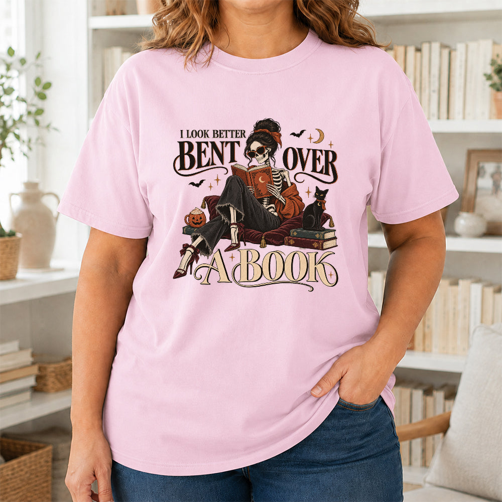 I Look Better Bent Over A Book Printed T-Shirt | Halloween Book Lover Gift Light Pink