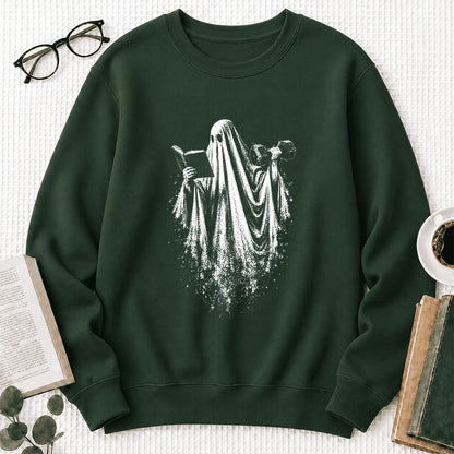 Reading Gym Ghost Printed Sweatshirt | Halloween Book Lover Gift Forest Green