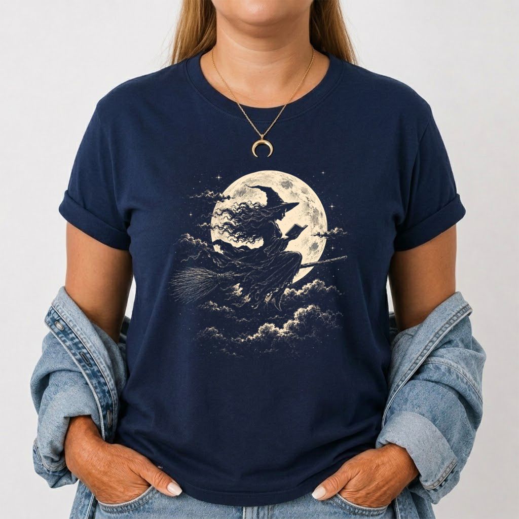 Reading Witch On The Flying Broom Printed T-Shirt | Halloween Book Lover Gift Navy