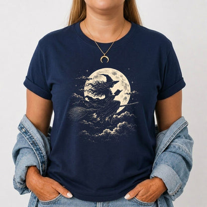Reading Witch On The Flying Broom Printed T-Shirt | Halloween Book Lover Gift Navy