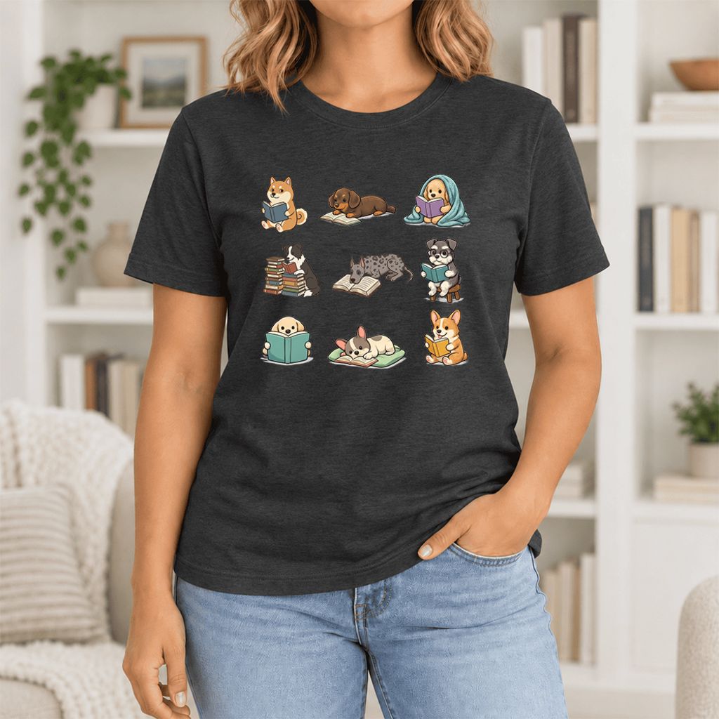 Funny Reading Dogs Ultra-Soft Cotton T-Shirt | Dog Mom Reader Gift Black Heather