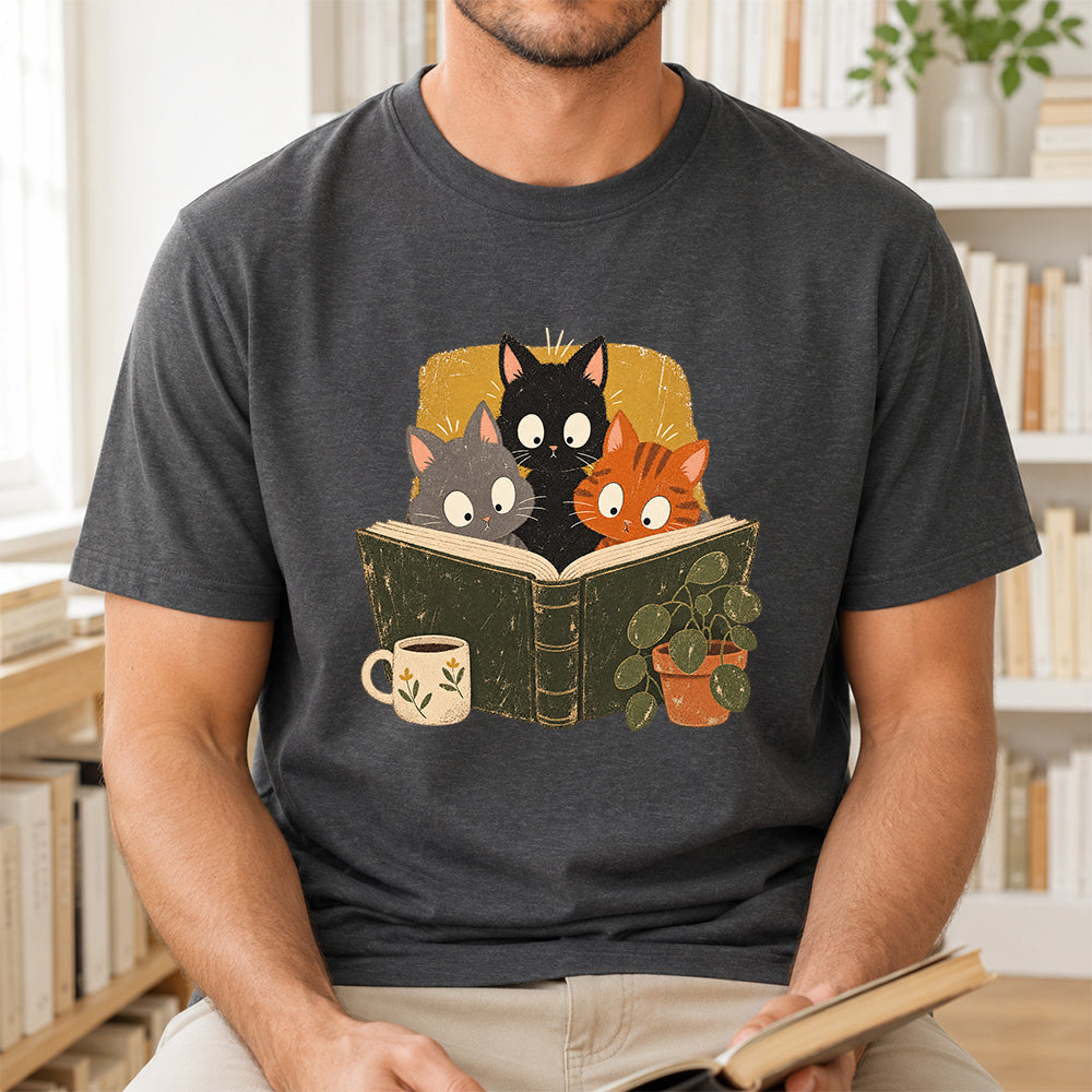 Minimal Japanese Cats Reading Softstyle T-Shirt | Book Lover Gift Dark Heather