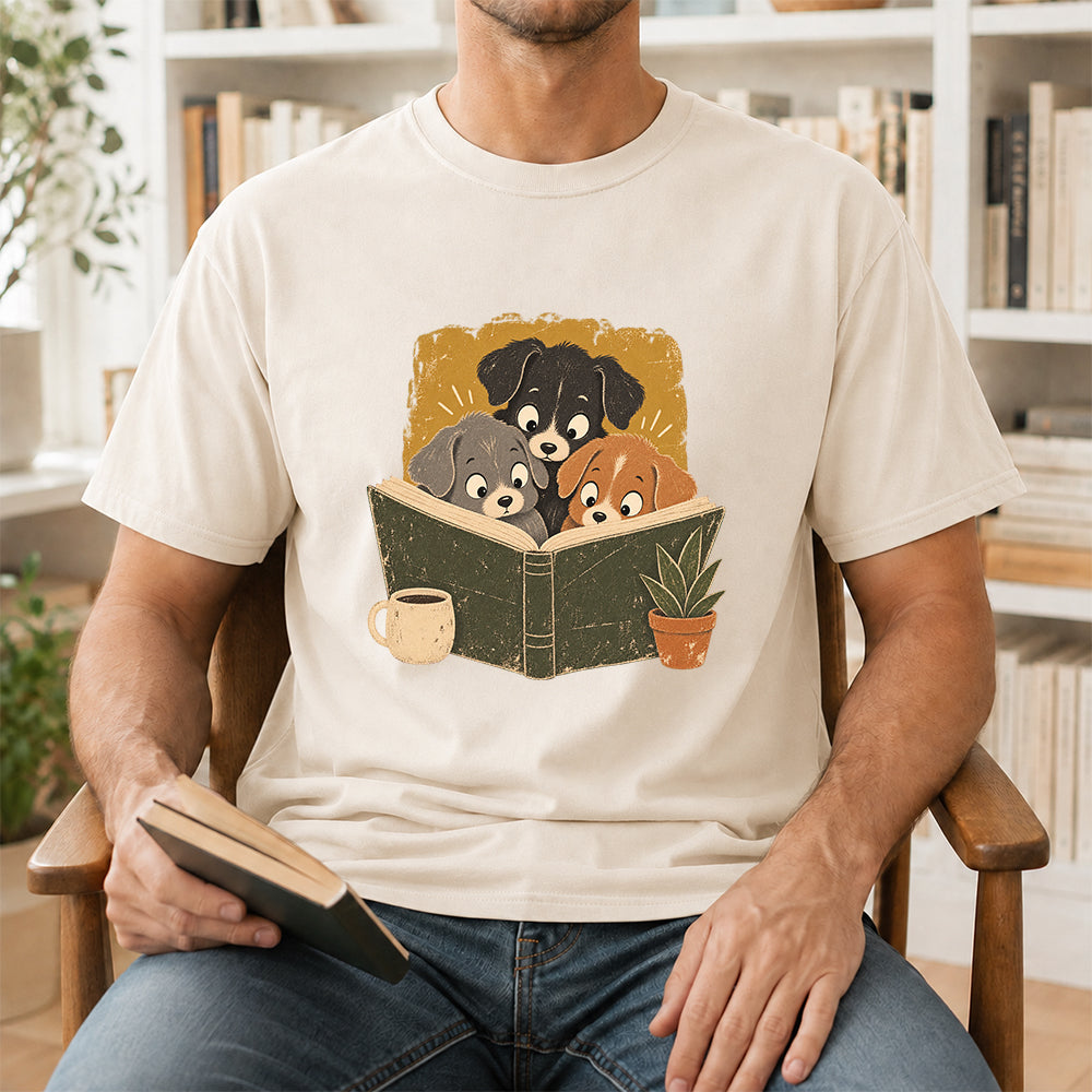 Minimal Japanese Dogs Reading Softstyle T-Shirt | Book Lover Gift Natural