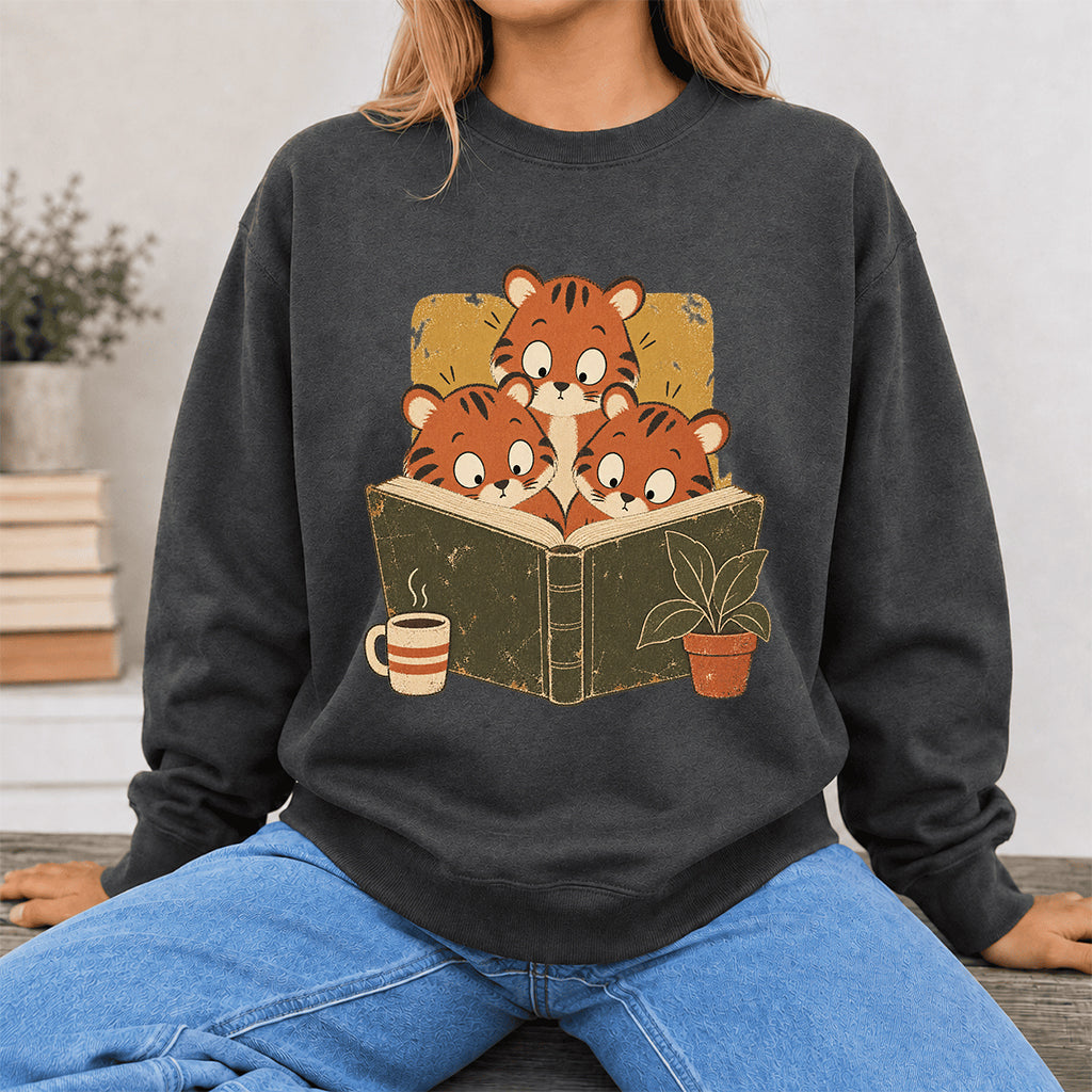 Minimal Japanese Tigers Reading Crewneck Sweatshirt | Reader Gift Dark Heather