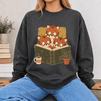 Minimal Japanese Tigers Reading Crewneck Sweatshirt | Reader Gift Dark Heather