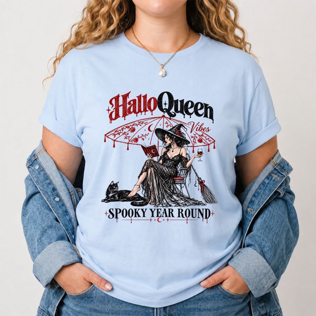 Halloqueen Spooky Year Round Printed T-Shirt | Halloween Book Lover Gift Light Blue