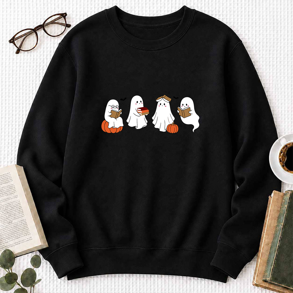 Halloween Ghosts Reading Printed Sweatshirt | Spooky Book Lover Gift Black