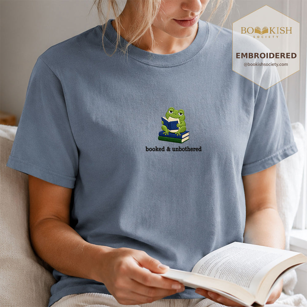 Booked and Unbothered Embroidered Comfort Color® T-shirt | Book Lover Gift Blue Jean